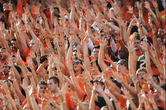 University of Miami Hurricane fans show their team spirit in a game against the Virginia Tech Hokies at Sun Life Stadium on November 20, 2010.  Photo...