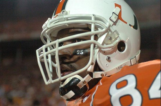 University of Miami defensive lineman Richard Gordon #84 looks on during a game against Boston College on November 23, 2006 at the Orange Bowl. The...