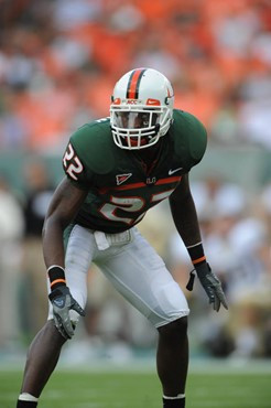 University of Miami Hurricanes defensive back Bruce Johnson #22 plays in a game against the Deamon Deacons of Wake Forest at Dolphin Stadium on...