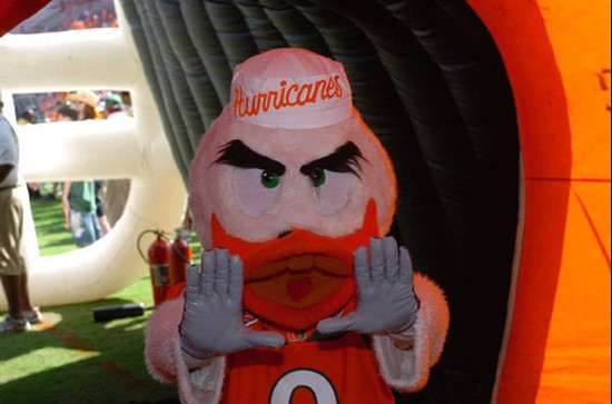 University of Miami mascot Sebastian the Ibis before a game against the North Carolina State Wolfpack at the Orange Bowl on November 3, 2007. Photo...