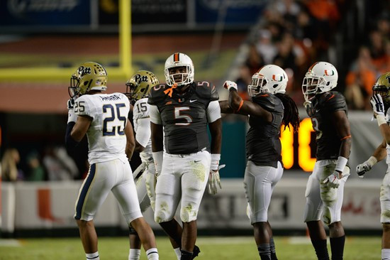 University of Miami Hurricanes Tight end Standish Dobard #5 plays in a game against the Pittsburgh Panthers at Sun Life Stadium on November 29, 2014. ...