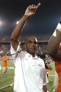 University of Miami Hurricanes head coach Randy Shannon salutes the fans at the end of a game against the Texas A&M Aggies at the Orange Bowl on...