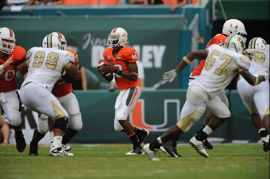 University of Miami Hurricanes quarterback Jacory Harris #12 plays in a game against the University of Central Florida Knights at Dolphin Stadium on...