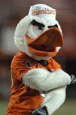 University of Miami mascot Sebastian the Ibis entertains the crowd to show support for the Hurricanes during a game against the Texas A&M Aggies at...