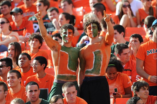 University of Miami Hurricane fans show their team spirit in a game against the Virginia Tech Hokies at Sun Life Stadium on November 20, 2010.  Photo...