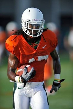 University of Miami Hurricanes players LaRon Byrd #47 at Greentree practice fields training for the upcoming 2010 season. The practice was open for...