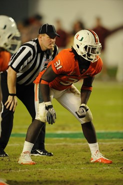 University of Miami linebacker Sean Spence #31 plays in his final game with the Hurricanes against the Boston College Eagles at Sun Life Stadium on...