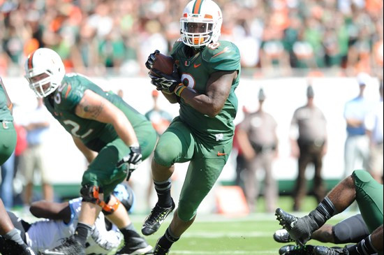 University of Miami Hurricanes running back Duke Johnson #8 plays in a game against the North Carolina Tar Heels at Sun Life Stadium on November 1,...
