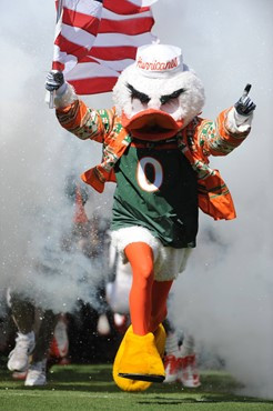 Sebastian the Ibis will lead the University of Miami Hurricanes against the Ohio State Buckeyes in a game at Sun Life Stadium on September 17, 2011. ...