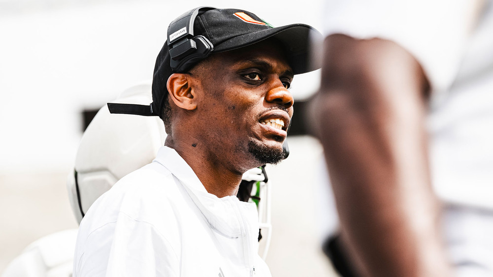 Miami running backs coach Favian Upshaw at spring practice