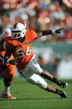 University of Miami Hurricanes linebacker Marcus Robinson #56 plays in a game against the Clemson Tigers at Land Shark Stadium on October 24, 2009. ...