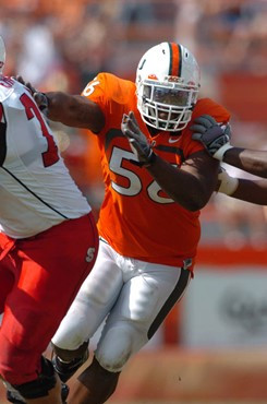 University of Miami defensive tackle Luqman, Abdallah #56 plays in a game against the North Carolina State Wolfpack at the Orange Bowl on November 3,...