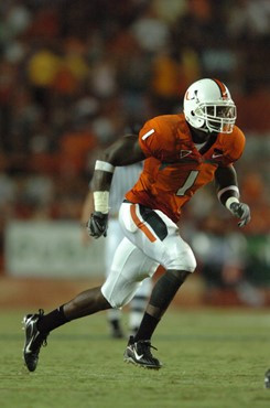 University of Miami safety Kenny Phillips #1 in a game against the Texas A&M Aggies at the Orange Bowl on September 20, 2007.  The Hurricanes beat...