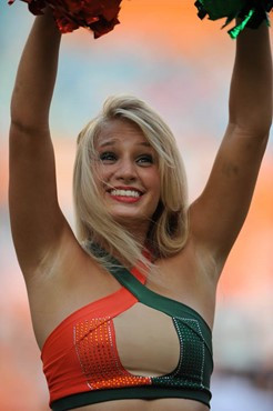 A University of Miami Hurricane cheerleader performs for fans in a game against the University of Central Florida Knights at Dolphin Stadium on...