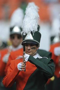 University of Miami Band of the Hour participants entertain fans in a game against the Deamon Deacons of Wake Forest at Dolphin Stadium on October 25,...