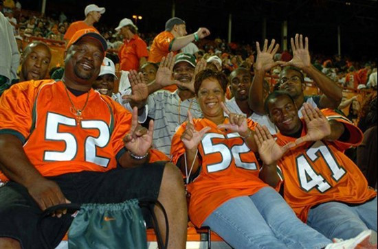 University of Miami linebacker Tavares Gooden #52 gets his family's support from the stands. Gooden had 3 solo tackles and 1 assist against the...