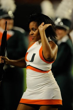 A University of Miami Hurricane cheerleader performs for fans in a game against the Virginia Tech Hokies at Dolphin Stadium on November 13, 2008. ...