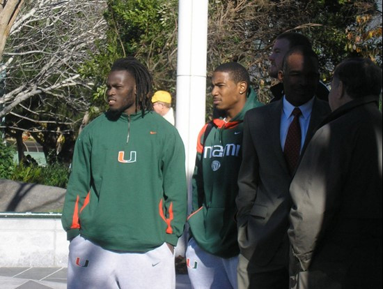 Running back Graig Cooper, cornerback Chavez Grant and head coach Randy Shannon at the Emerald Bowl pep rally