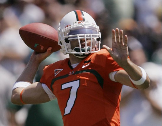 Miami quarterback Kirby Freeman drops back to pass during the first quarter of a football game against Marshall, Saturday, Sept. 1, 2007, at the...