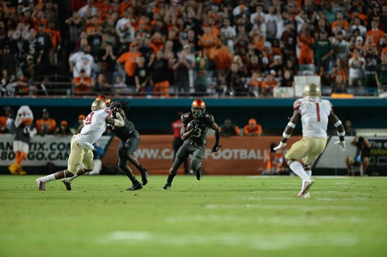 University of Miami Hurricanes wide receiver Stacy Coley #3 plays in a game against the Florida State Seminoles at Sun Life Stadium on November 15,...