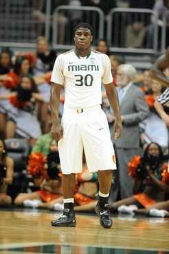 University of Miami Hurricanes forward, Adrian Thomas #30 and the Canes play host to the Stetson University Hatters at the BankUnited Center on...