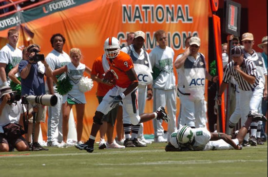 University of Miami wide receiver Lance Leggett #9 caught 4 passes for 31 yards in a game against Marshall University at the Orange Bowl on September...