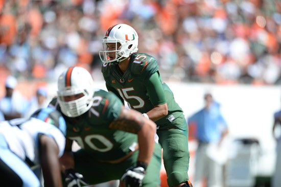 University of Miami Hurricanes quarterback Brad Kaaya #15 plays in a game against the North Carolina Tar Heels at Sun Life Stadium on November 1,...