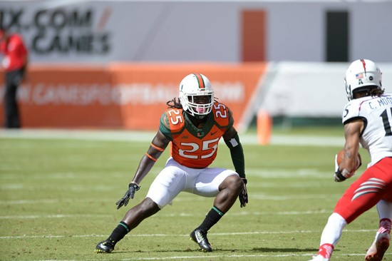 University of Miami Hurricanes defensive back Dallas Crawford #25 plays in a game against the Cincinnati Bearcats at Sun Life Stadium on October 11,...
