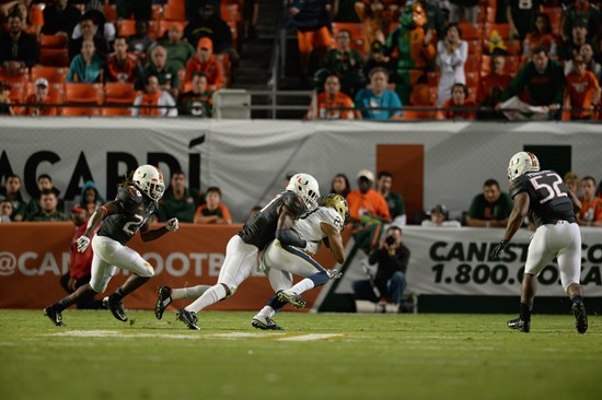 University of Miami Hurricanes linebacker Tyriq McCord #17 plays in a game against The Pittsburgh Panthers at Sun Life Stadium on November 29, 2014. ...