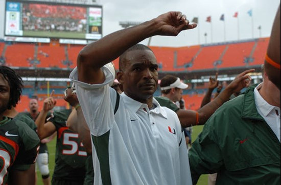 University of Miami Hurricanes head coach Randy Shannon and the team salute fans at the end of the game as they sing the Alma Mater. The Hurricanes...