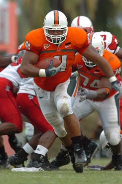 University of Miami fullback Jerrell Mabry #41 rushes in a game against the North Carolina State Wolfpack at the Orange Bowl on November 3, 2007. ...