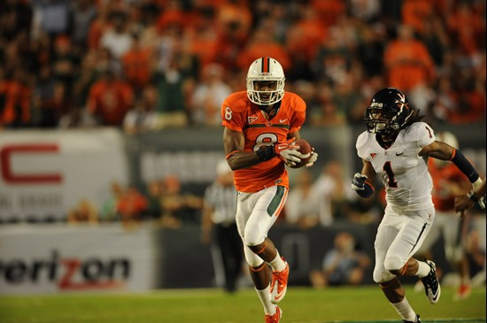 University of Miami Hurricanes wide receiver Tommy Streeter #8 Catches a ball in a game against the Virginia Cavaliers at Sun Life Stadium on October...