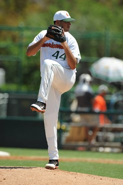 University of Miami Pitcher, E.J. Encinosa #44, starts in a game against Georgia Tech at Alex Rodriguez Park on March 26, 2011.  Photos by Steven...