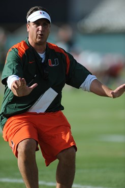University of Miami Assistant Head Coach-Defensive Coordinator, Mark D Onofrio, instructs the team on how he wants them to execute his game plan...
