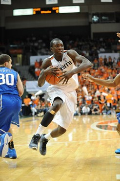 University of Miami Hurricanes guard, Durand Scott, #1, and the Canes play host to the Duke Blue Devils at the BankUnited Center on February 13, 2011....