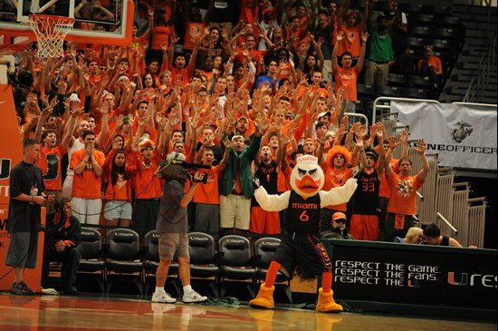 Sebastian the Ibis and Fans cheer for The University of Miami Hurricanes as they play host to 2010 NCAA Final Four participant West Virginia at the...