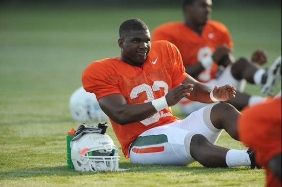 University of Miami Hurricanes players Maurice Hagens #33 at Greentree practice fields training for the upcoming 2010 season. The practice was open...