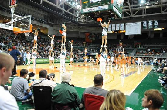 University of Miami Cheerleaders entertain fans as the Hurricanes played host to the North Carolina Tar Heels at the BankUnited Center on January 26,...