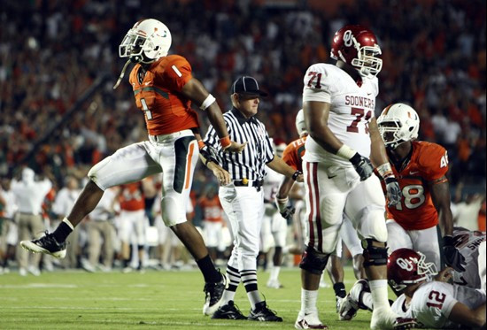 Miami's Brandon Harris celebrates after Miami recovered an Oklahoma third-quarter fumble on the 11-yard line.