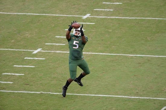 University of Miami Hurricanes Tight end Standish Dobard #5 ctches a ball against the Arkansas State Red Wolves at Sun Life Stadium on September13,...