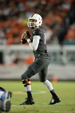 University of Miami Hurricanes quarterback Brad Kaaya #15 plays in a game against the Duke Blue Devils at Sun Life Stadium on September 27, 2014. ...