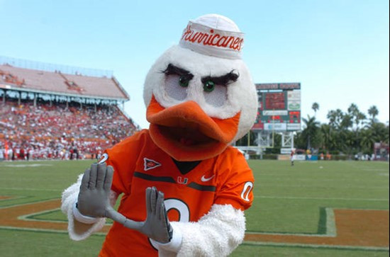 University of Miami mascot Sebastian the Ibis entertains the crowd during a game against the North Carolina State Wolfpack at the Orange Bowl on...