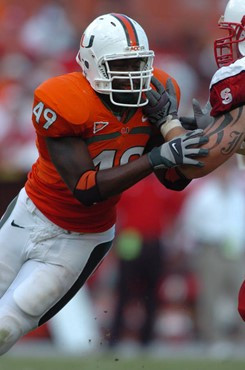 University of Miami defensive end Courtney Harris #49 plays in a game against the North Carolina State Wolfpack at the Orange Bowl on November 3,...
