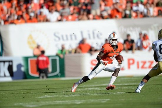 University of Miami Hurricanes wide receiver Phillip Dorsett #4 plays in a game against the Georgia Tech Yellow Jackets at Sun Life Stadium on October...