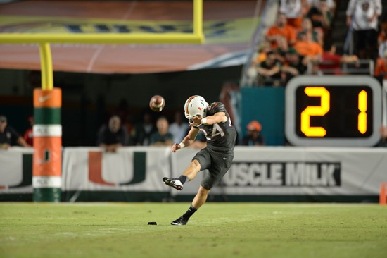 University of Miami Hurricanes Kicker/Punter Michael Badgley #24 plays in a game against the Duke Blue Devils at Sun Life Stadium on September 27,...