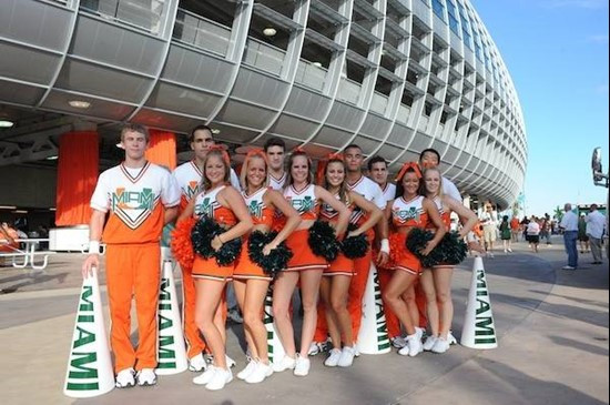 University of Miami Hurricane cheerleaders show their team spirit in a game against the Georgia Tech Yellow Jackets at Land Shark Stadium on September...