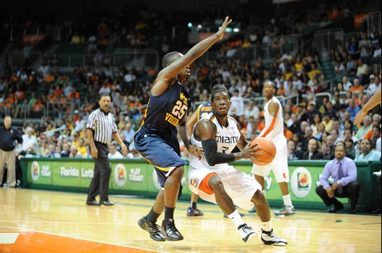 University of Miami Hurricanes guard, Malcolm Grant #3, plays host to 2010 NCAA Final Four participant West Virginia at the BankUnited Center on...