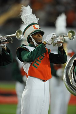 The University of Miami Band of the hour performs before a game against the North Carolina Tar Heels at Sun Life Stadium on October 23, 2010.  Photo...