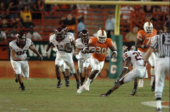 University of Miami Hurricanes running back Tyrone Moss #30 rushed 13 times for 103 yards and caught 2 passes for 13 yards against the Virginia Tech...