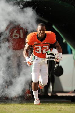 University of Miami Hurricanes defensive back Lee Chambers #32 plays in a game against the Boston College Eagles at Sun Life Stadium on November 25,...